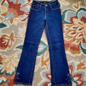 BEBE MULTICOLORED BEJEWELED FLARE DENIM BLUE JEANS